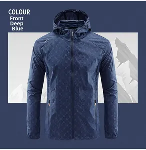 Detailed view of navy blue hooded jacket with all-over B letter monogram pattern