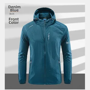 Detail view of denim blue lightweight hooded sun protection jacket with full-length zipper