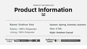 Detaillierte Größentabelle und Materialangaben für die Outdoor-Weste aus 100% Polyester