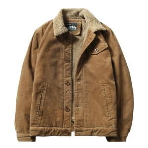 Men's brown corduroy winter jacket with warm sherpa fleece lining and button closure