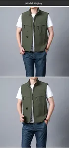 Detail of army green outdoor utility vest featuring multi-functional pockets and D-ring