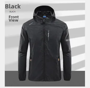 Detailed view of black hooded UV protection jacket with outdoor logo and elastic cuffs