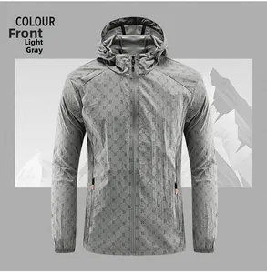 Close-up of lightweight grey hooded sun protection jacket with full letter B monogram print