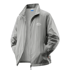 Men's lightweight grey UV protection sun jacket with zip closure and outdoor print