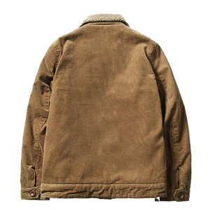 Men's brown corduroy winter jacket with warm sherpa fleece collar and ribbed texture