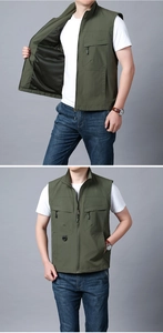 Detail showing tactical multi-pocket vest with mesh lining and D-ring buckle