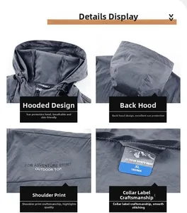 Detailed views of gray sun protection jacket with hood and adventure spirit print