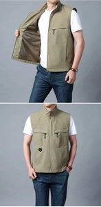Detail of breathable mesh lining and multi-pocket design on khaki outdoor utility vest