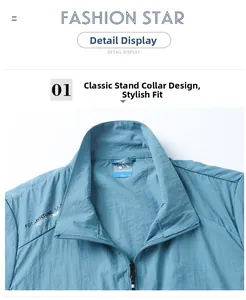 Détail de la veste de protection solaire bleue avec col montant et fermeture éclair