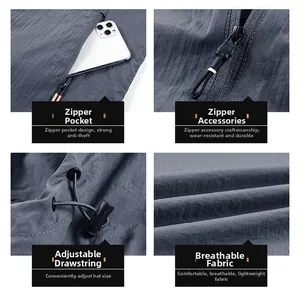 Detailed views of gray-blue sun protection jacket features with zipper and elastic cord