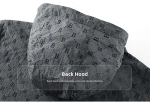 Detailed close-up of hooded sunscreen jacket with B-letter monogram and refined stitching