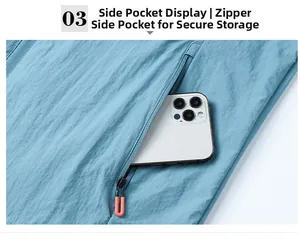 Détail de la veste anti-UV bleu clair montrant une poche zippée avec un smartphone blanc