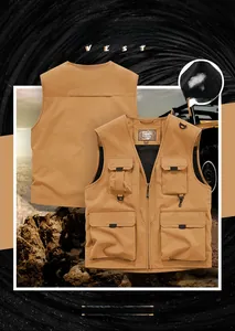 Detail of khaki outdoor vest showing multiple pockets and breathable mesh lining