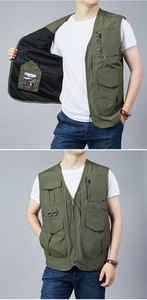 Detailansicht der militärgrünen Outdoor-Weste mit Taschen und Netzfutter