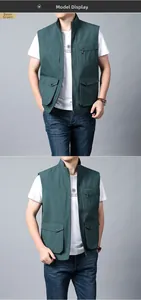 Détail du gilet utilitaire d'extérieur vert haricot avec poches multiples et zip métal