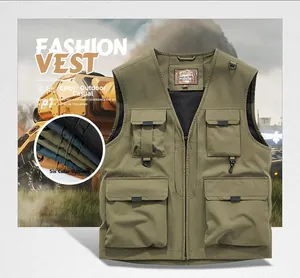 Close-up of military green outdoor utility vest with multi-pocket design and breathable mesh lining