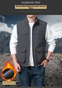 Detail view of reversible casual vest with multi-pockets and warm fleece lining for men