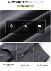 Detail view of smooth polyester fabric texture and high-quality zipper on dark gray vest