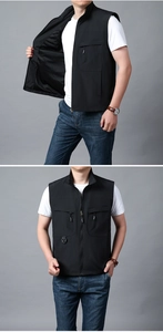 Detail of men's outdoor vest featuring multi-pocket design and breathable mesh lining