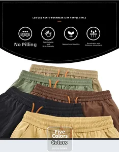 Close-up of lightweight cargo shorts showing five colors and elastic drawstring waistband