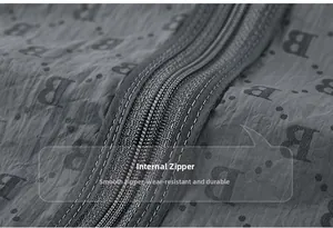 Macro shot of the interior zipper and repeating B-letter pattern on sun protection jacket