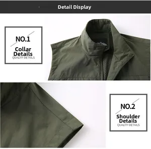 Detail showing the military green vest with stand collar, zipper, and mesh lining