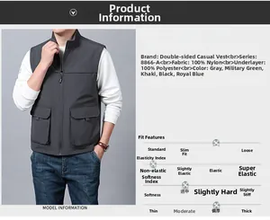 Detailed fabric specification and multi-pocket layout of the reversible casual fishing vest