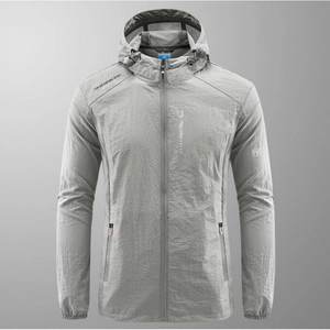 Men's grey lightweight hooded sun protection jacket for outdoor sports and adventure