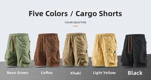 Cargo shorts selection in five colors featuring large pockets and elastic drawstring waist