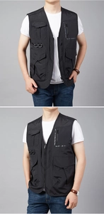 Detailansicht der schwarzen Mehrzweck-Weste mit funktionellen Taschen und D-Ringen
