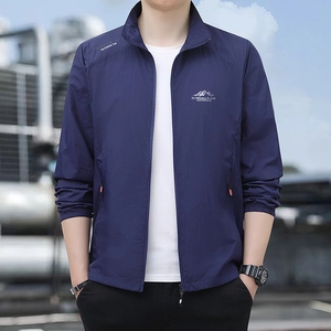 Men's navy blue quick-dry sun protection jacket with outdoor prints and standing collar