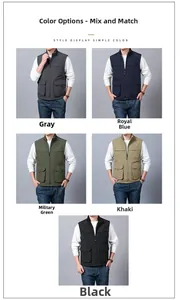 Close-up of functional multi-pocket vest in grey, royal blue, khaki and green colors