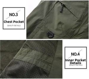 Detail of military green vest showing zipper pocket with D-ring and breathable mesh lining