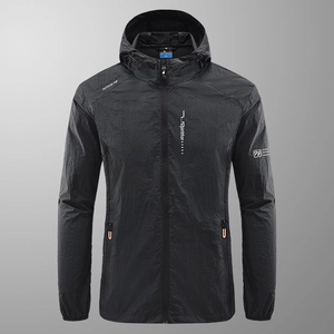 Men's black lightweight hooded sun protection jacket for outdoor sports and UV protection