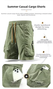 Detail showing deep cargo pockets on green outdoor shorts with waterproof fabric