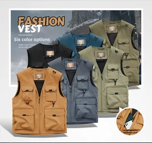 Detail view of multi-pocket fishing vests in six colors with functional large storage design
