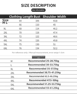 Detailed size chart for men casual multi-pocket vest ranging from size M up to 6XL