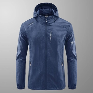 Men's navy blue breathable UV protection sun jacket with hood for outdoor sports