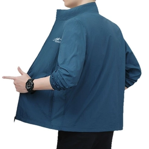 Men's navy blue quick-dry sun protection jacket with outdoor logo and stand collar
