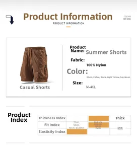 Detail specifications of men's cargo shorts featuring 100% nylon fabric and size chart