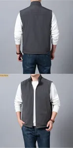 Front and back detail views of a gray fleece vest for men with stand collar