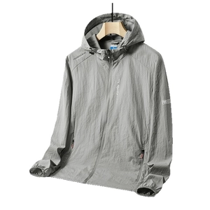 Men's lightweight hooded sun protection jacket in grey with zip pockets and drawstrings