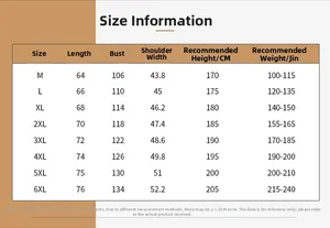 Detailed size chart for outdoor utility vest ranging from size M to 6XL with measurements