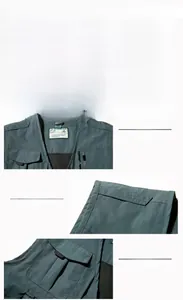 Detail der graugrünen Outdoor-Weste mit V-Ausschnitt, Taschen und atmungsaktivem Futter