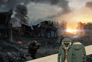 Detail of army green hooded parka with warm fleece lining and windproof multi-pocket design