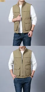 Detailed front view of men's khaki utility vest with four cargo pockets and high collar