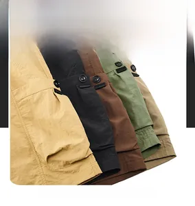 Detail view of five cargo shorts colors with large pockets and durable fabric texture