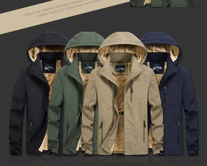 Detail showing various colors of men's heavy fleece-lined thermal hooded jackets