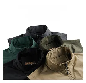 Detailed close-up showing five colors of outdoor fishing vests with standing collars