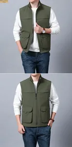 Detailed front view of men's military green outdoor vest with four utility pockets